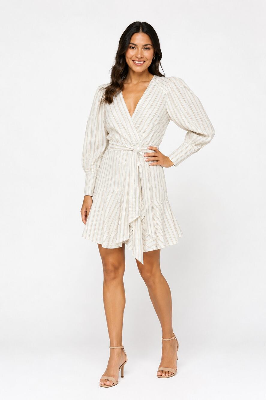 ALC Enzo Striped Puff Sleeve Mini Wrap Dress Womens Size 12 New Cotton Silk
